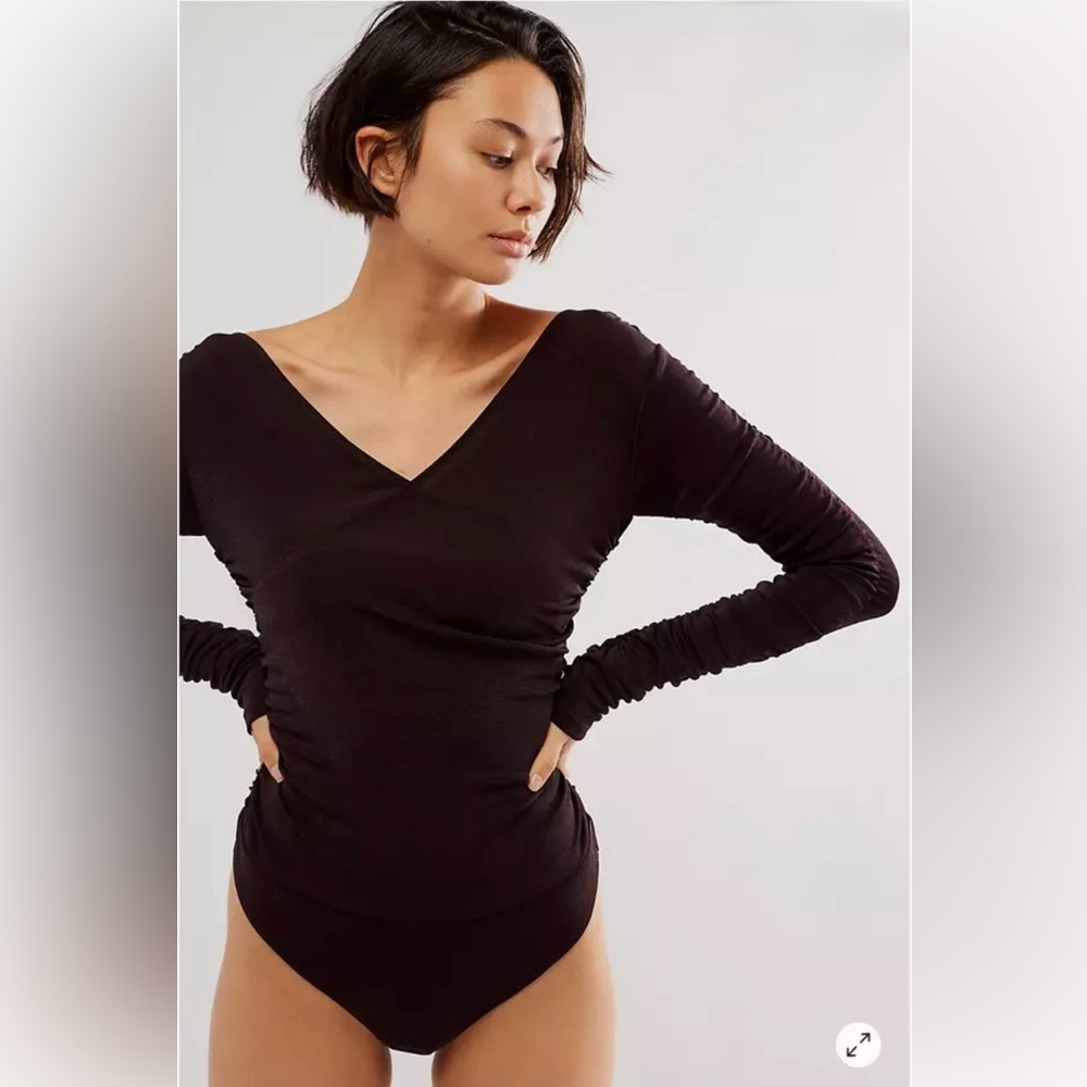 NWT Intimately Free People Reya Bodysuit Ruched Brown V-Neck Long Sleeve Sz S